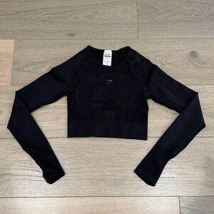 GYMSHARK Black Flex Sports Long Sleeve Crop Top Active Gym Seamless Nylon Sz XS